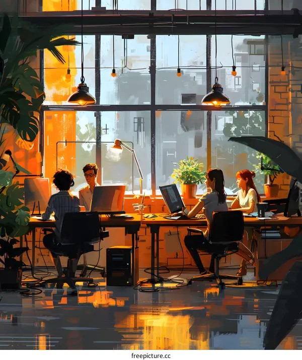 Four people working in an office