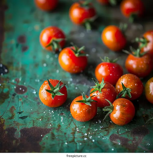 Close-up of fresh organic cherry tomatoes on rustic background