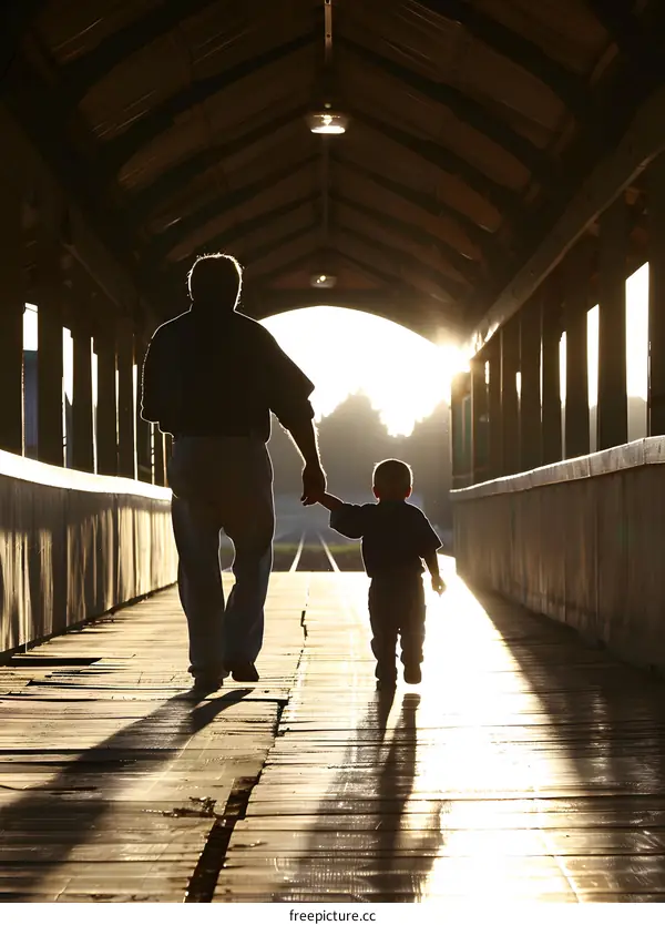 Silhouettes of Father and Son Walking on a Bridge