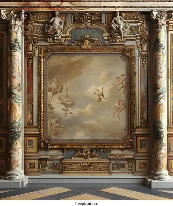 Ornate Gold and Marble Interior with a Fresco Painting