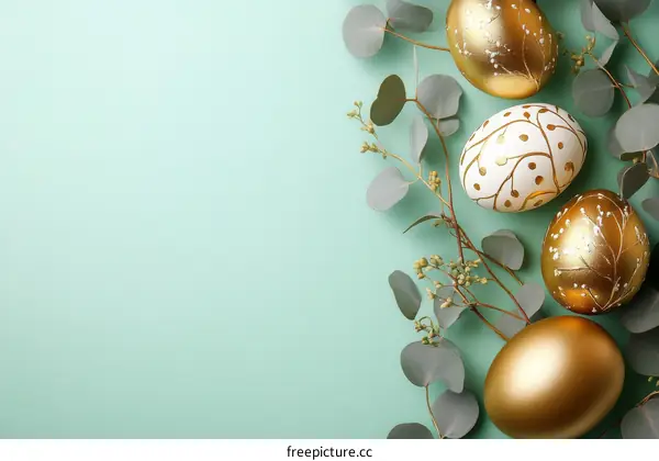 Easter Eggs Decorated with Floral Accents on Mint Green Background