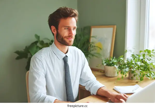 Businessman Working at Home Office with Laptop