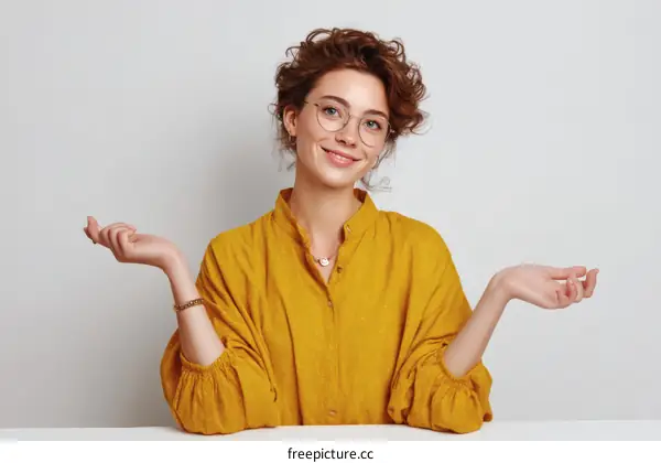 Smiling Woman in Yellow Blouse Presenting