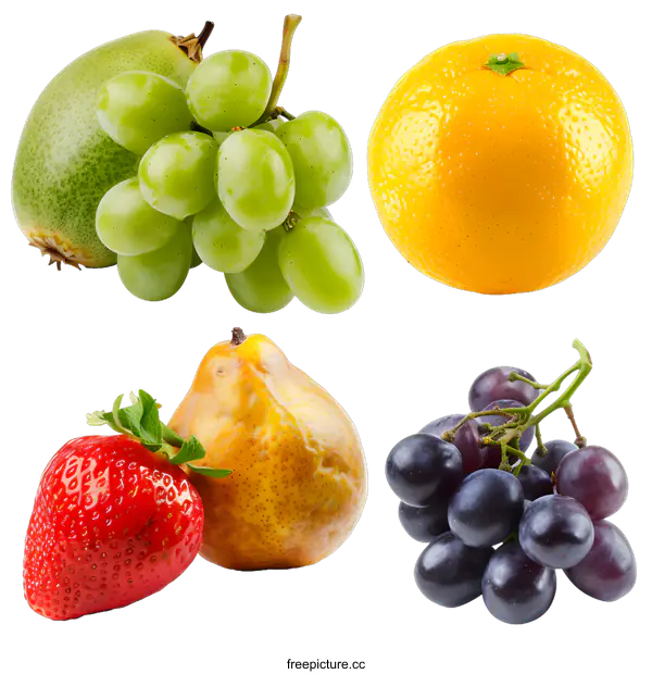 [Transparent Background PNG]Fresh Fruit Mix with Green Grapes, Orange, Pear and Strawberry
