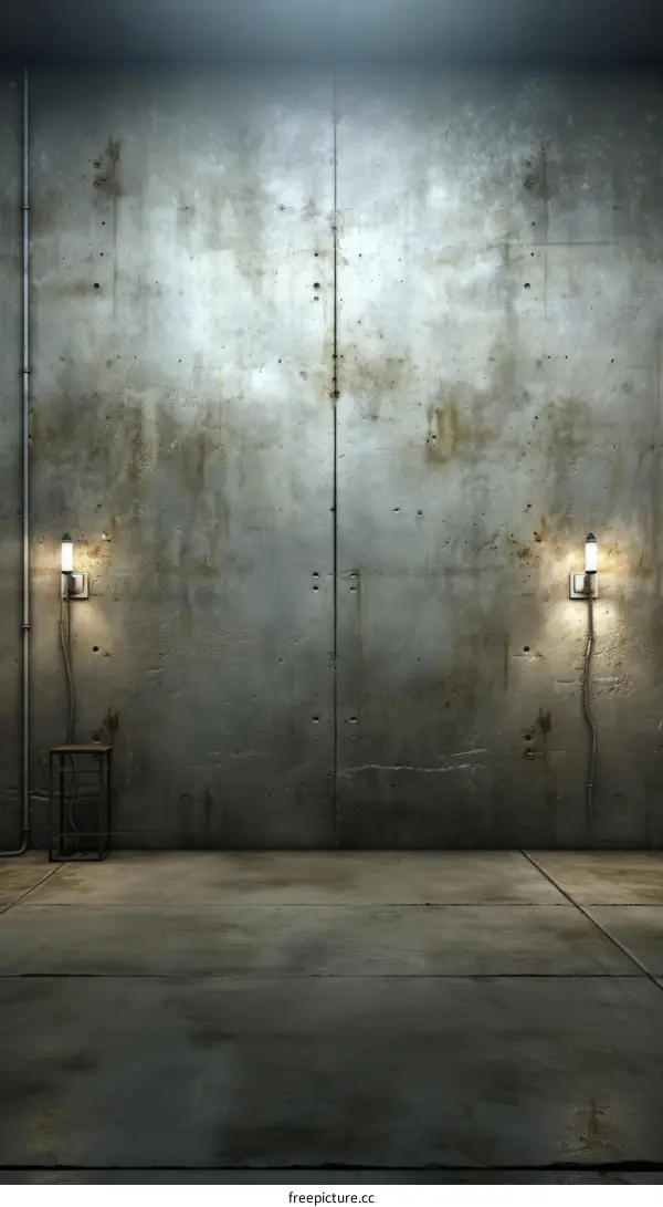 Grungy concrete wall with two wall lamps and a wooden chair in the center of the room