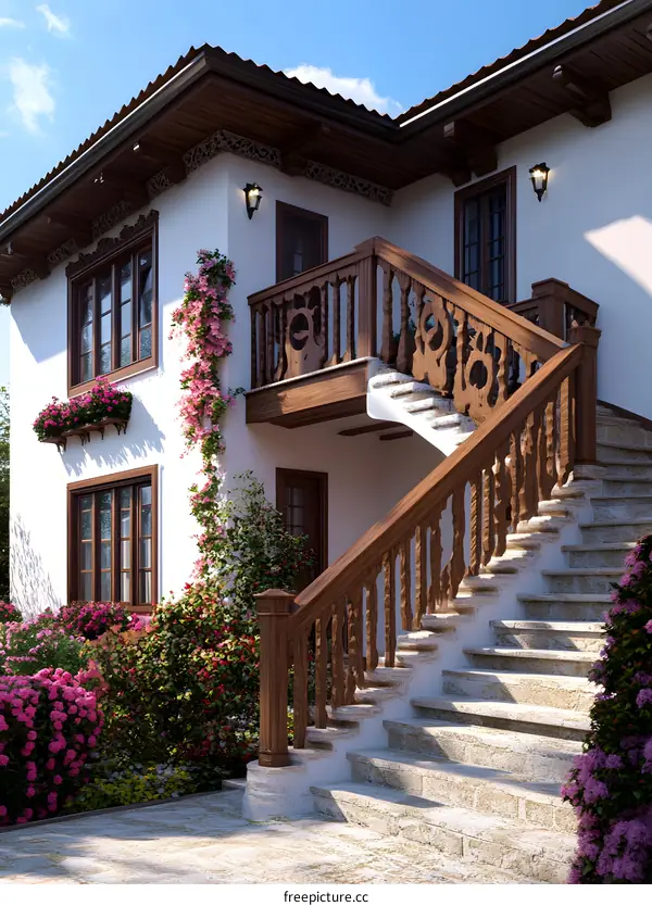 White House with Wooden Stairs and Balcony