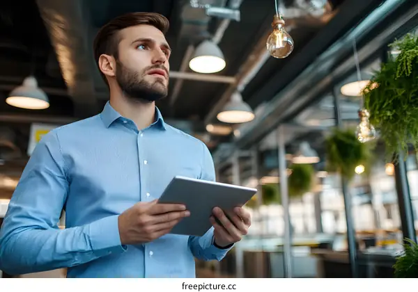 Businessman with tablet in modern office looking up