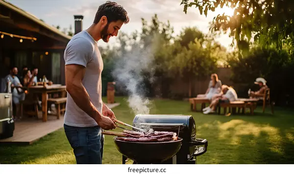 Man Grilling Food at a Backyard BBQ