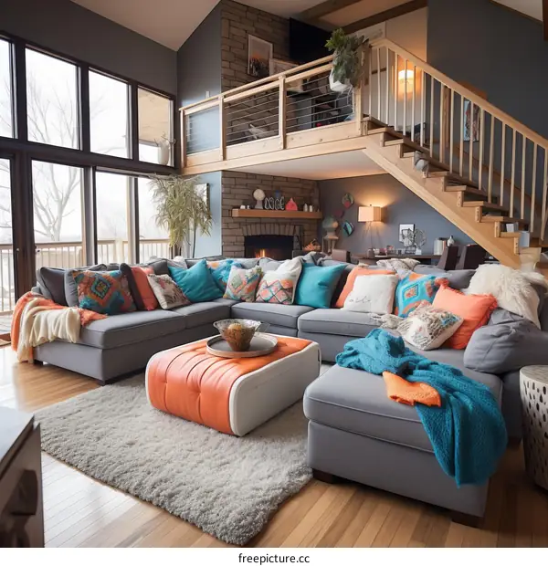 A modern living room with a fireplace and a large sectional sofa