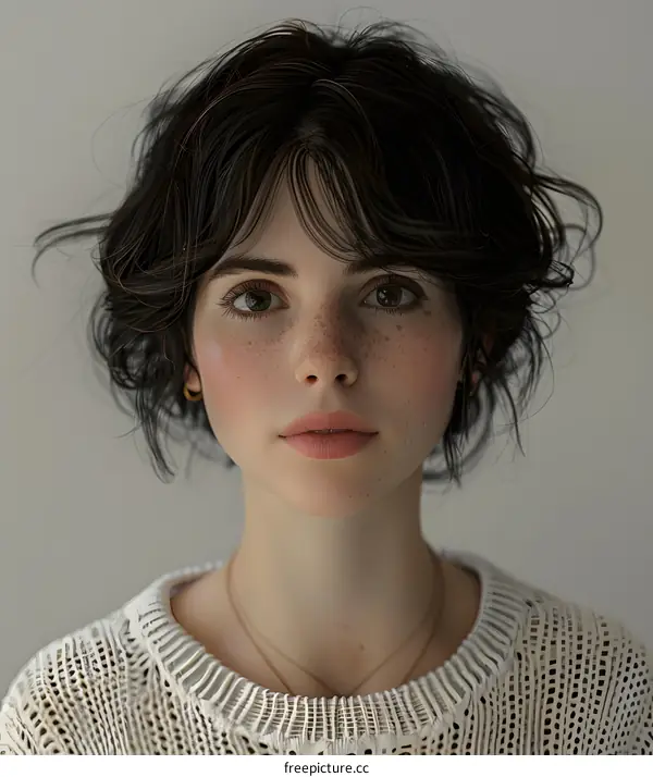 Portrait of a Young Woman with Short Hair and Freckles