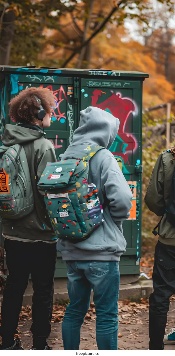 Two Young People Standing In Front Of A Graffiti Covered Wall