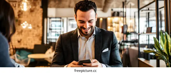 Smiling Businessman Using Smartphone in Office