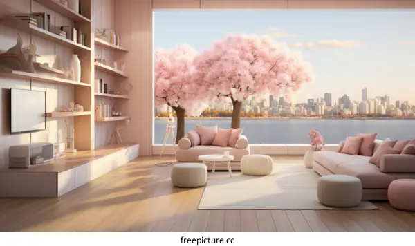 Dreamy pink living room with a view of cherry blossoms