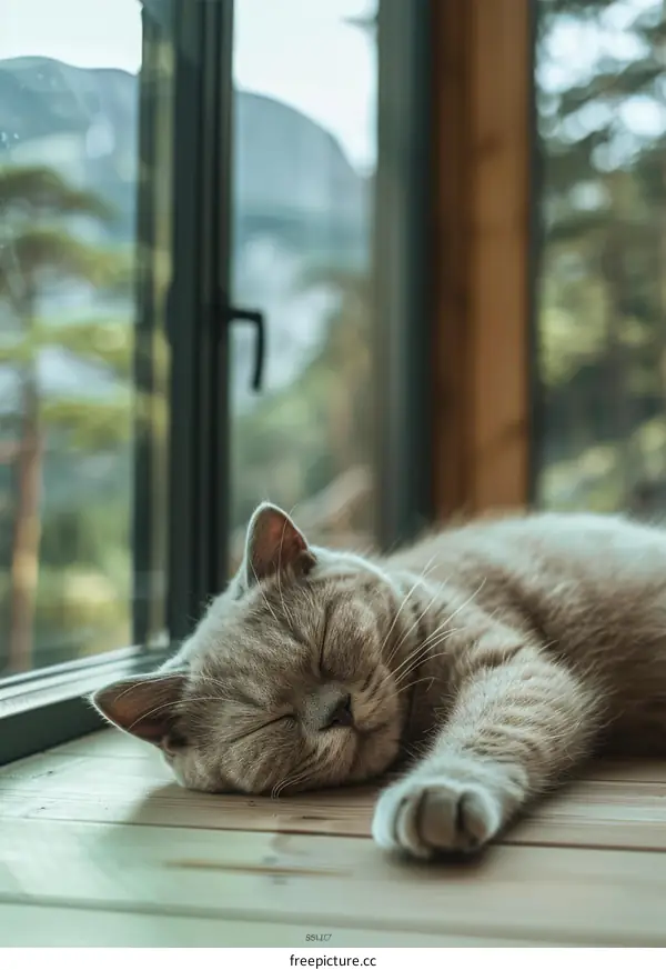 A ginger cat is sleeping on a wooden floor in front of a window.