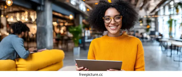 Smiling Woman Using Digital Tablet In Modern Cafe