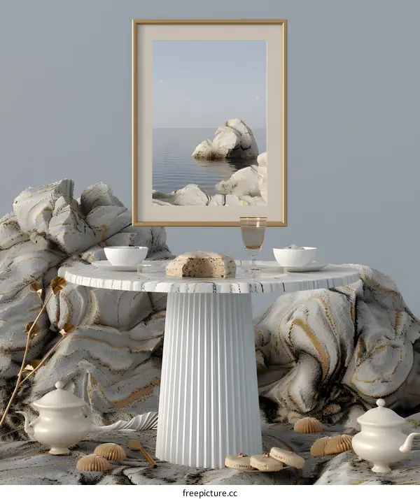 Minimalist Table Setting with Seascape Painting