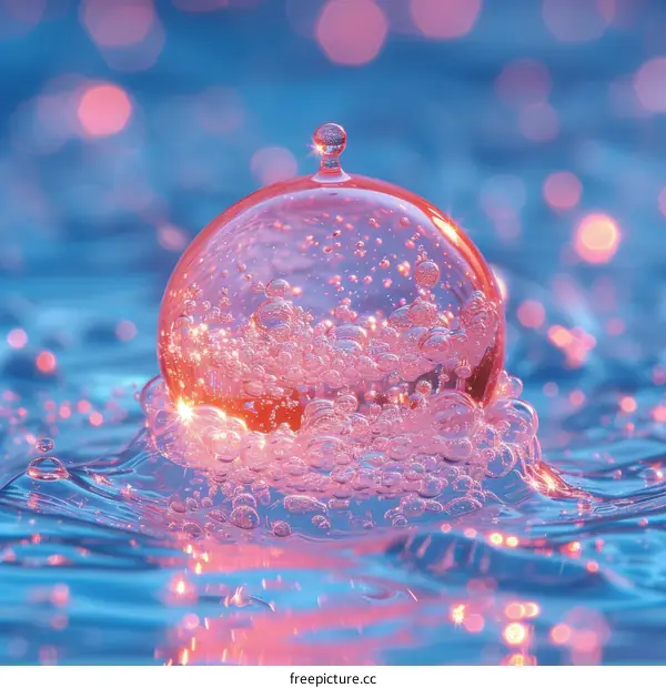 A beautiful pink bubble floating on the water with a blurred background