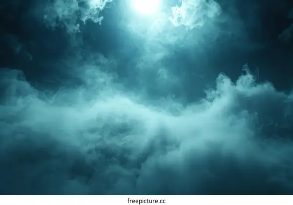 Blue smoke fills the background with a spotlight in the distance