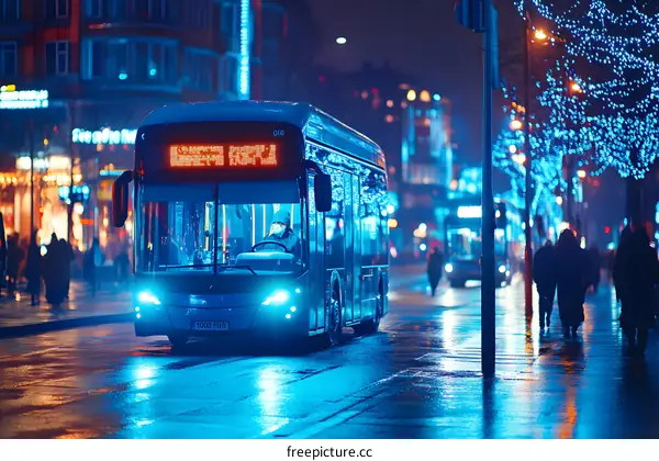 Night City Bus with Blue Lights and Streetlights