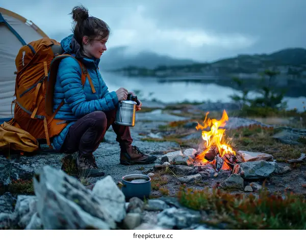 Woman camping alone in the wilderness