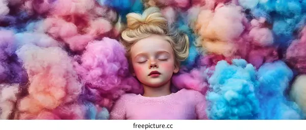 Sleeping Girl Surrounded by Colorful Cotton Candy