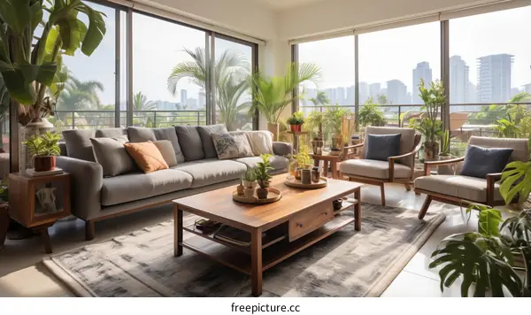 A bright and airy living room with a large windows and lots of plants