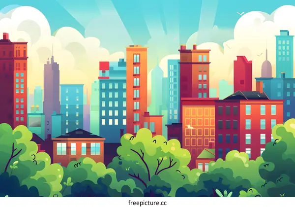 Cityscape Illustration with Buildings and Trees