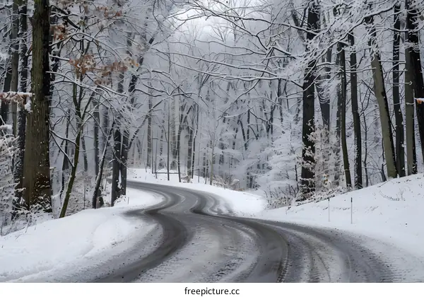 Winter Road Through Snowy Forest