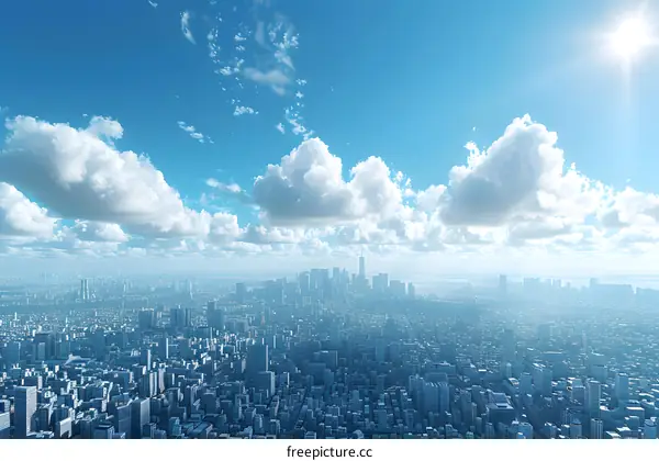 Blue sky and white clouds over a big city