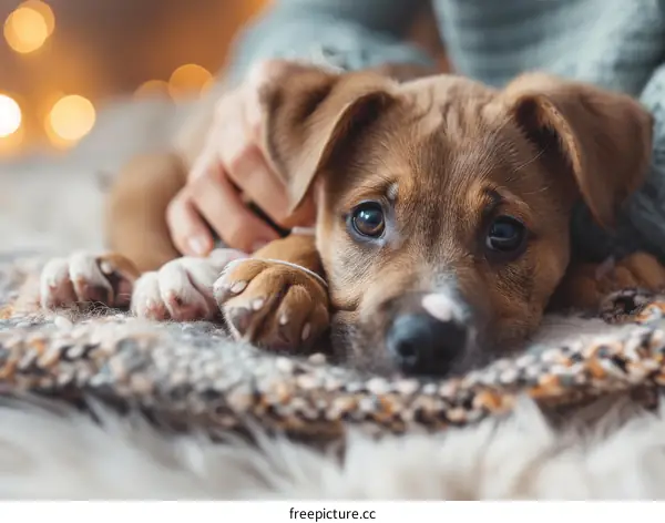 Cute Brown Puppy Being Petted on a Blanket