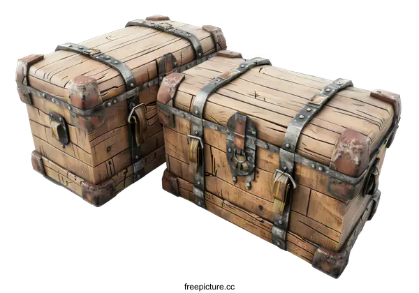 [Transparent Background PNG]Two Old Wooden Chests with Metal Details