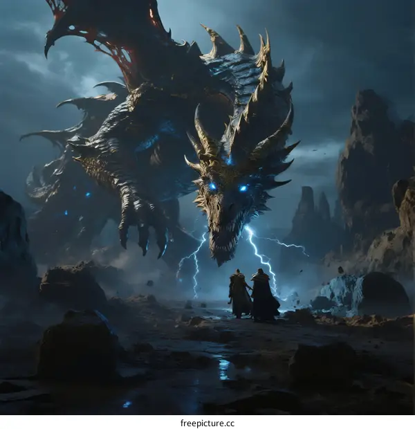 Epic Dragon with Lightning Breathing Over Two Standing Figures