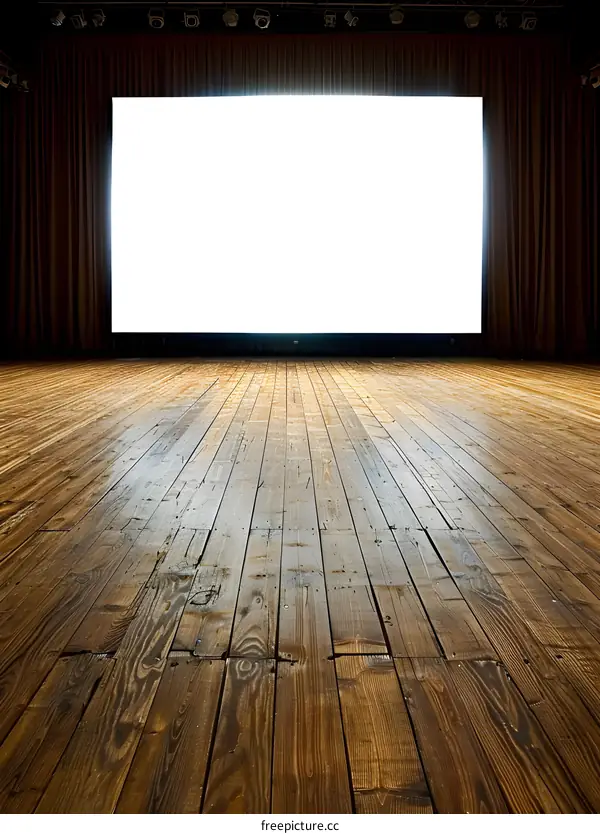Empty Stage With White Screen And Wooden Floor