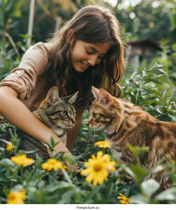 Girl with Cats in a Garden