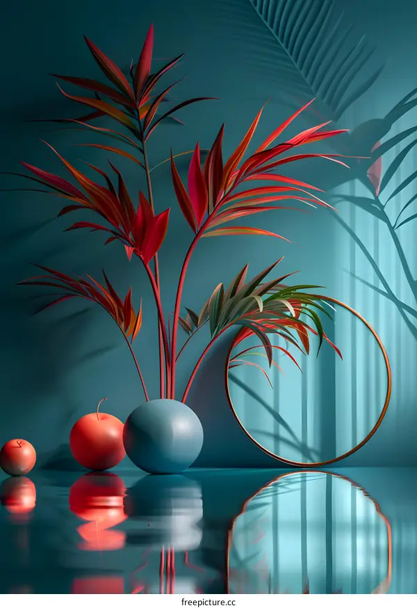 Red leaf plants and red apples