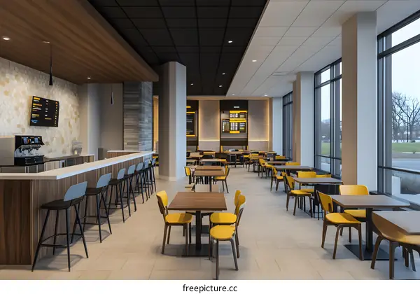 Modern Cafe Interior Design with Bar Seating and Yellow Chairs