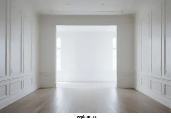 Bright and empty room with white paneling and wooden flooring