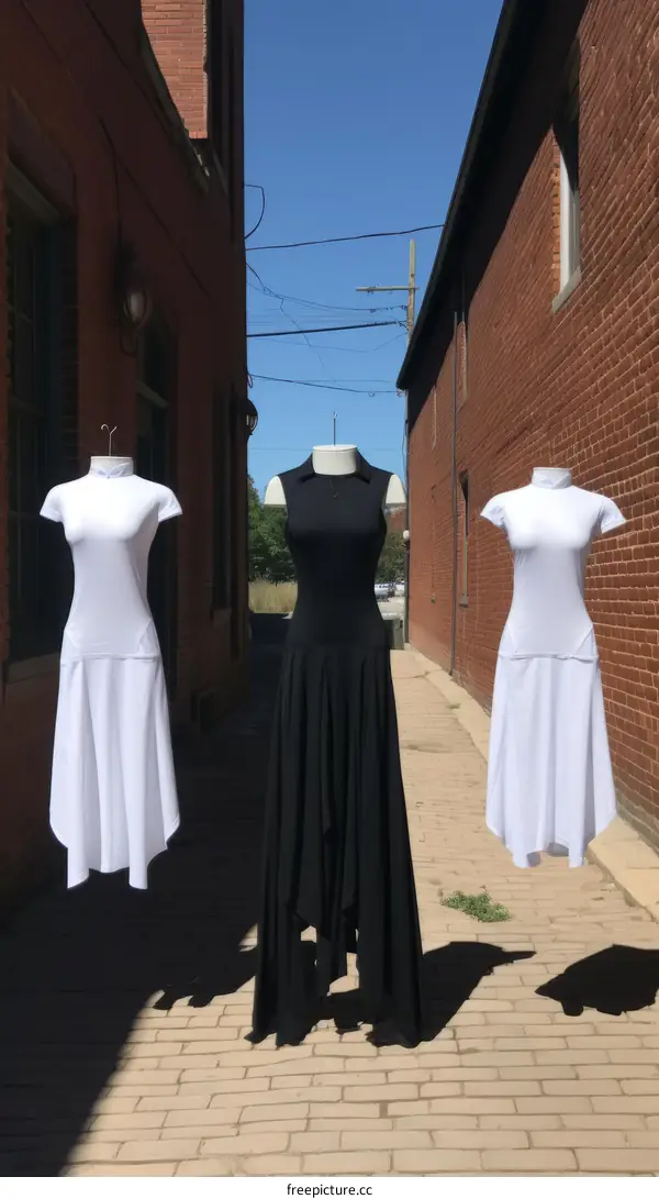 Black and white dresses hanging in an alley