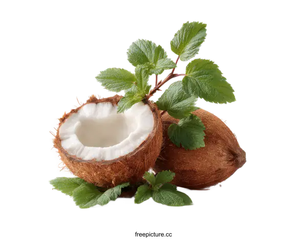 [Transparent Background PNG]Fresh Coconut with Mint Leaves