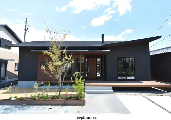 Modern Black House With Wood Accents And A Small Garden