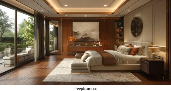 Modern Bedroom with Wood, Glass & Nature Decor