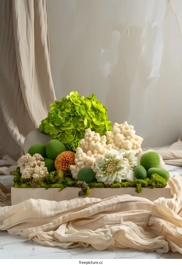 Green and White Floral Arrangement in Tray with Fabric