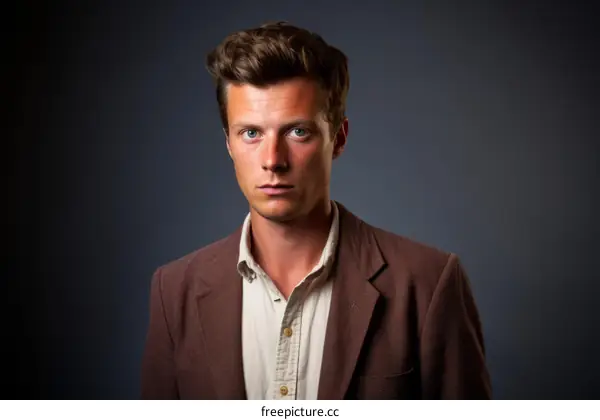 Portrait of a man with brown hair and blue eyes wearing a brown suit jacket and white shirt