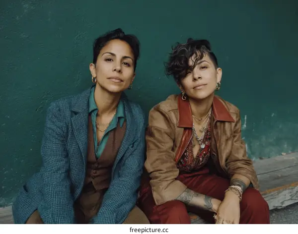 Two Women Portraits in Front of Teal Wall