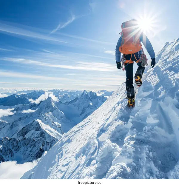 Mountaineer on the summit of a snow-capped mountain