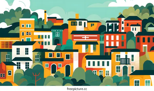Colorful Illustration of a Town with Buildings and Trees