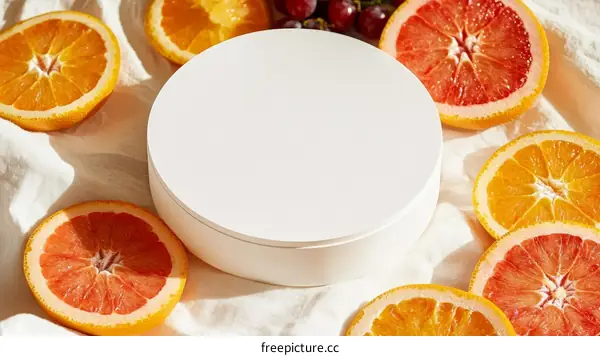 White Round Display Box Surrounded by Citrus Fruits