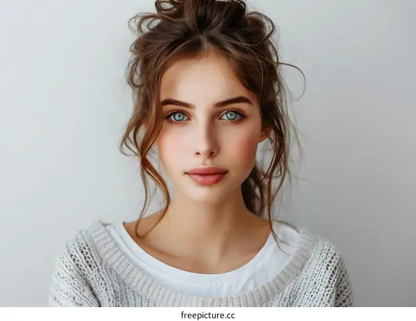 portrait of a beautiful young woman with freckles and blue eyes