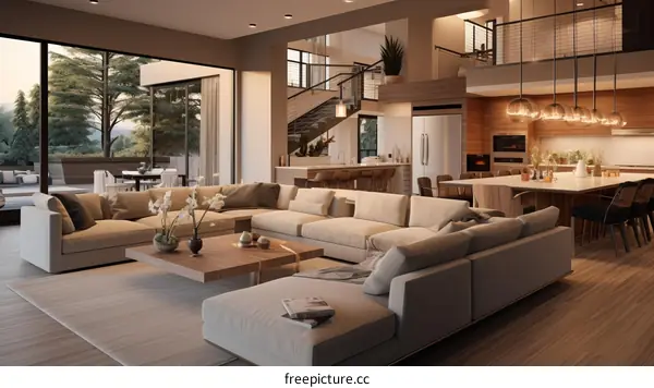 The interior of a modern house with a large living room, kitchen, and dining area