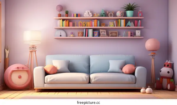 A cozy living room with a sofa, a lamp, and a bookshelf